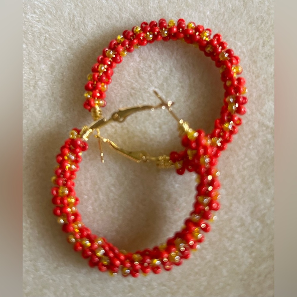 Hand-beaded 1 1/2” Chiefs Dynasty Red & Yellow Hoop Earrings NWOT